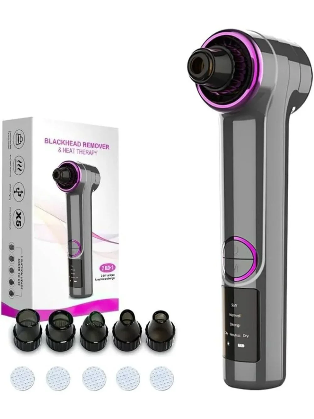 Heated Blackhead Remover Pore Vacuum 5 Heads 3 Suction Levels Facial NIB